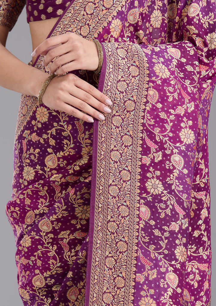 Purple Crepe Jaal Gold Zariwork Saree With Matching Blouse Piece