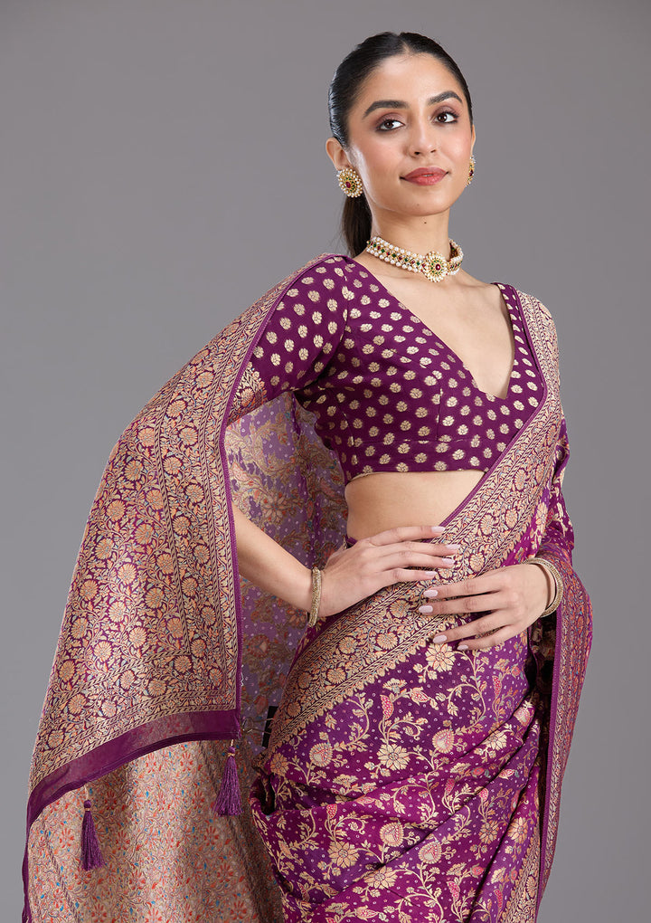 Purple Crepe Jaal Gold Zariwork Saree With Matching Blouse Piece