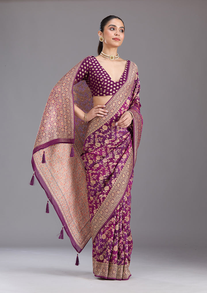 Purple Crepe Jaal Gold Zariwork Saree With Matching Blouse Piece