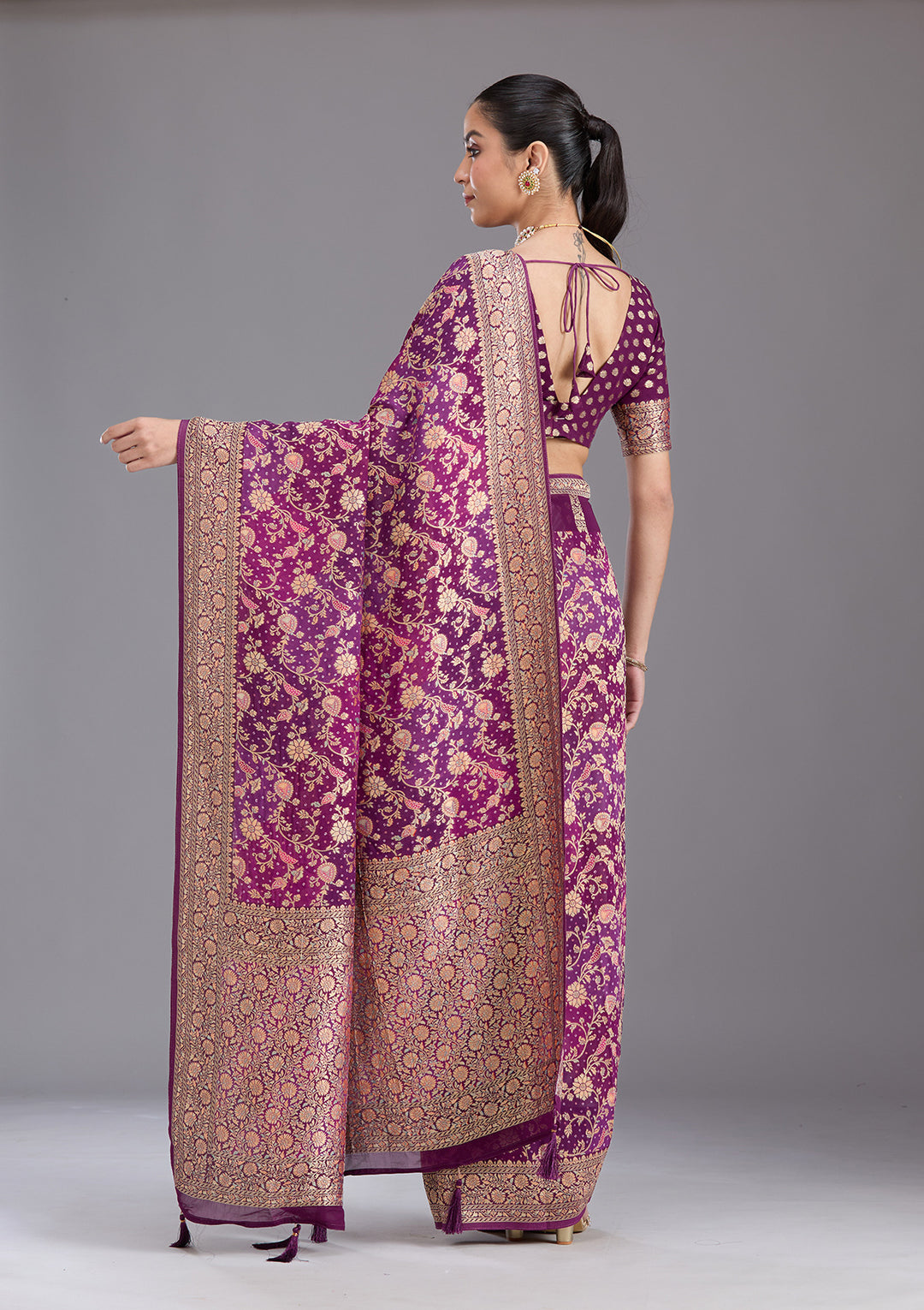 Purple Crepe Jaal Gold Zariwork Saree With Matching Blouse Piece
