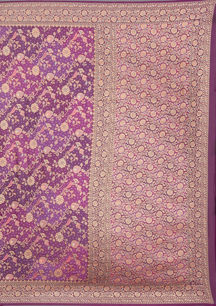 Purple Crepe Jaal Gold Zariwork Saree With Matching Blouse Piece