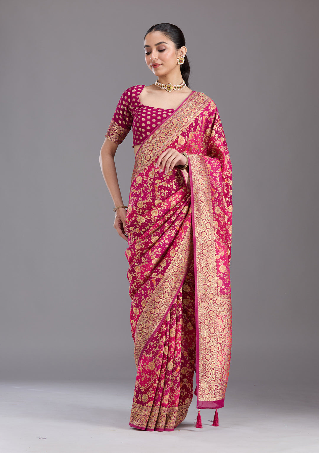 Rani Pink Crepe Jaal Gold Zariwork Saree With Matching Blouse Piece