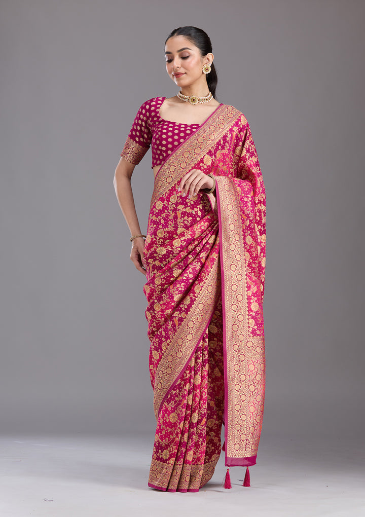 Rani Pink Crepe Jaal Gold Zariwork Saree With Matching Blouse Piece