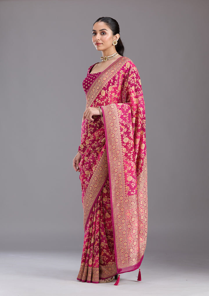 Rani Pink Crepe Jaal Gold Zariwork Saree With Matching Blouse Piece