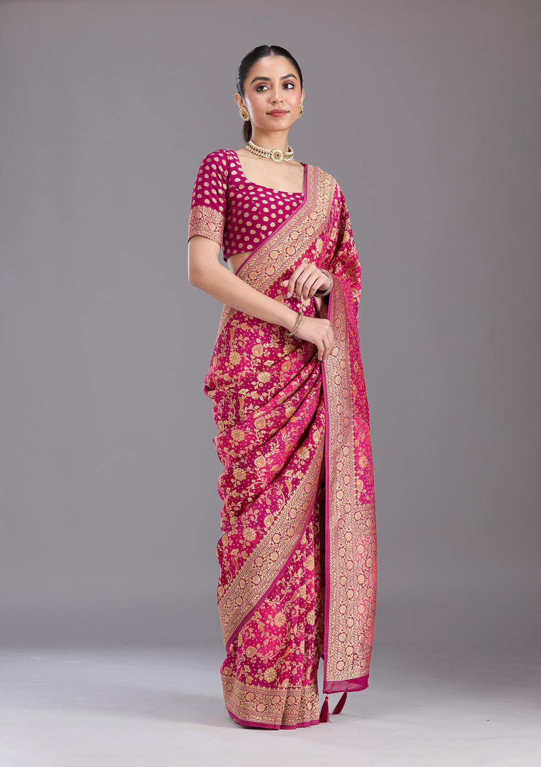 Rani Pink Crepe Jaal Gold Zariwork Saree With Matching Blouse Piece