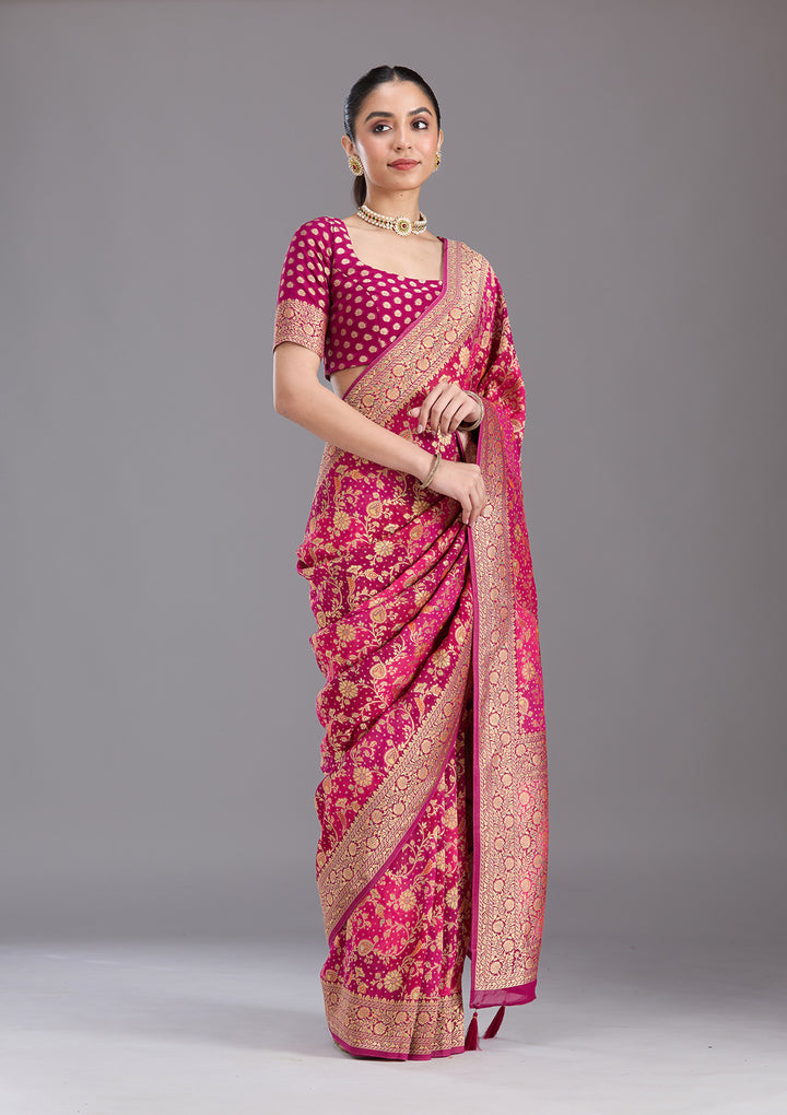 Rani Pink Crepe Jaal Gold Zariwork Saree With Matching Blouse Piece