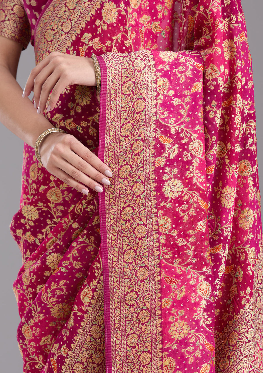 Rani Pink Crepe Jaal Gold Zariwork Saree With Matching Blouse Piece