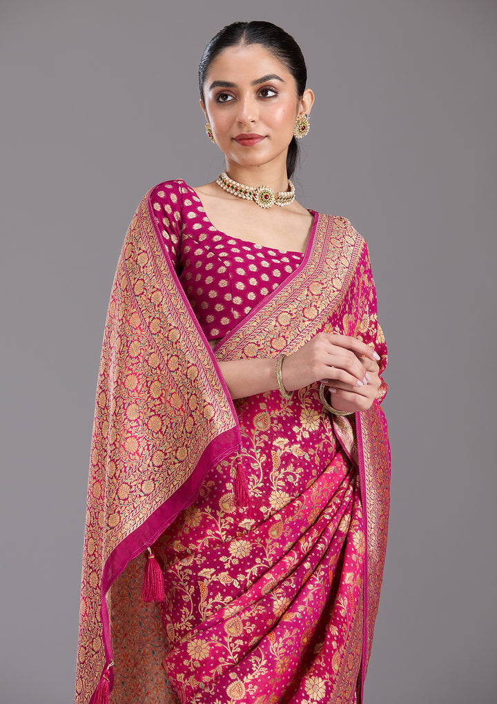Rani Pink Crepe Jaal Gold Zariwork Saree With Matching Blouse Piece