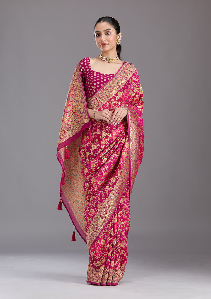 Rani Pink Crepe Jaal Gold Zariwork Saree With Matching Blouse Piece