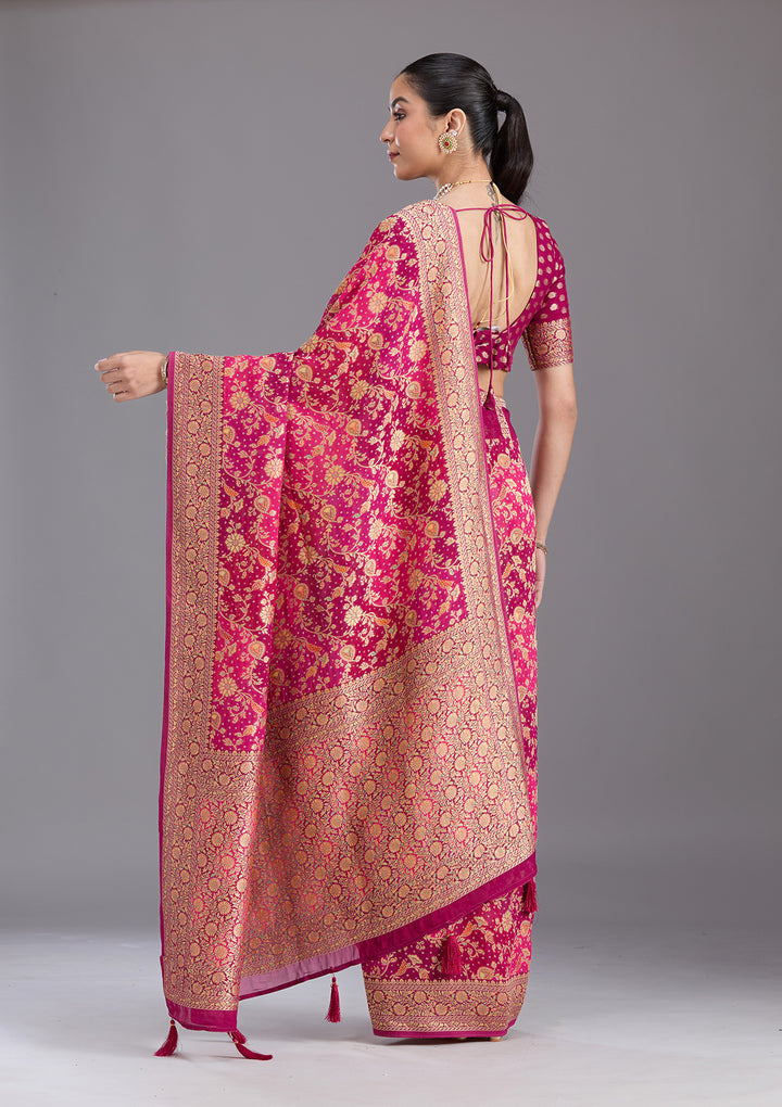 Rani Pink Crepe Jaal Gold Zariwork Saree With Matching Blouse Piece