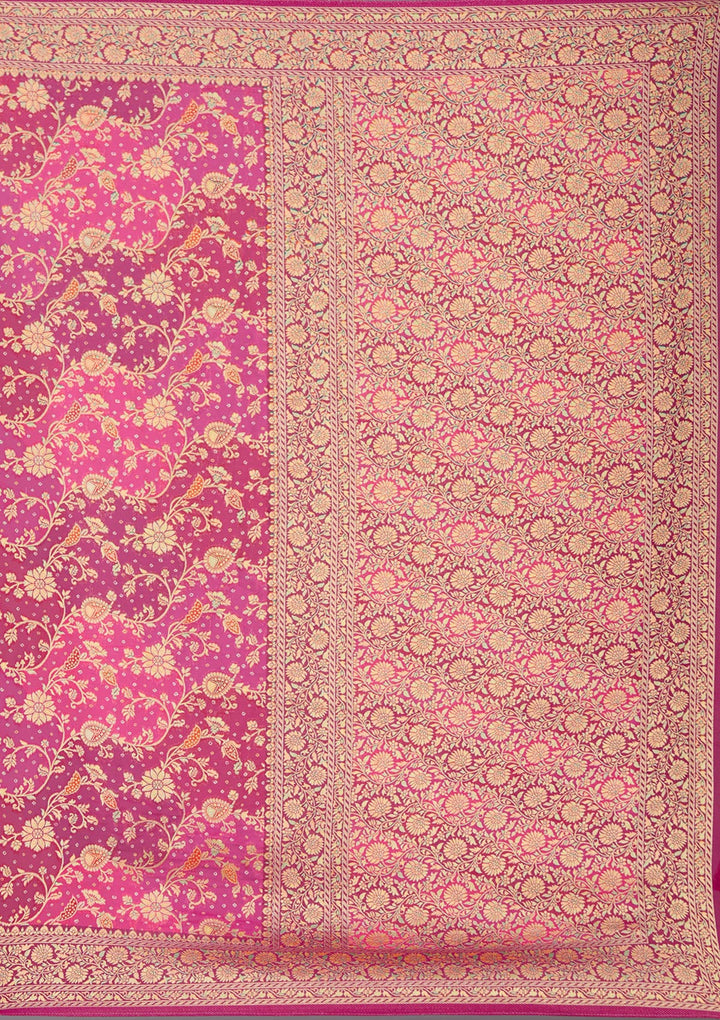 Rani Pink Crepe Jaal Gold Zariwork Saree With Matching Blouse Piece