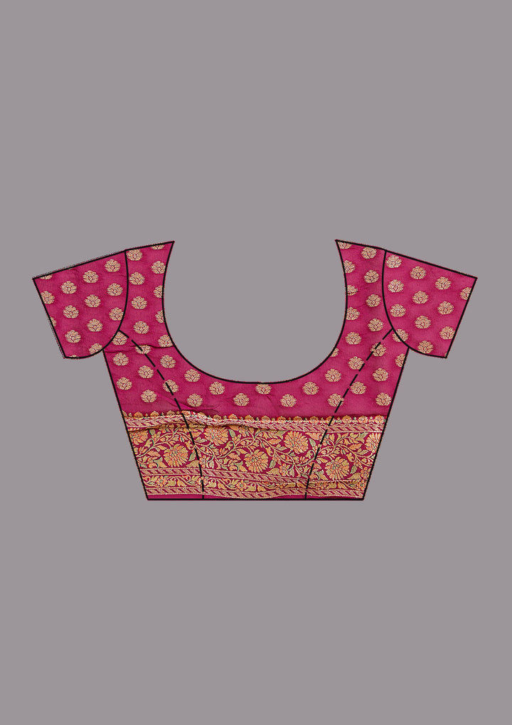 Rani Pink Crepe Jaal Gold Zariwork Saree With Matching Blouse Piece