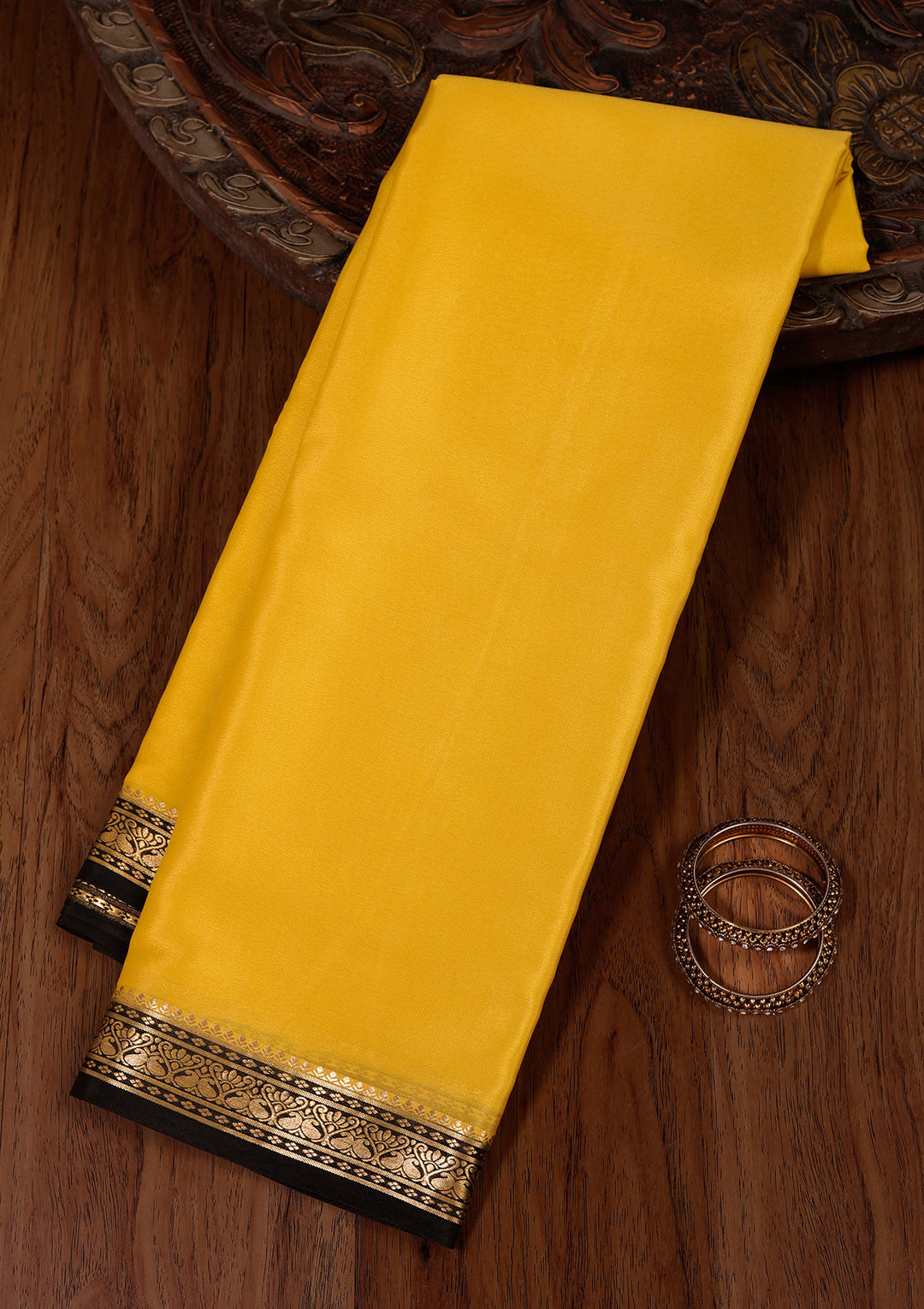 Yellow Crepe Plain Saree With Matching Blouse Piece