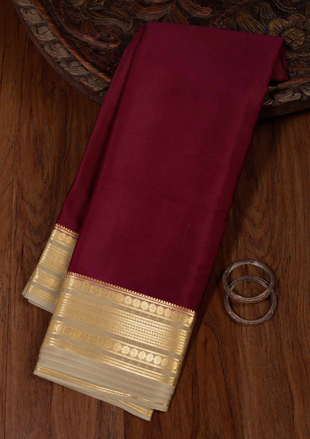 Wine Crepe Plain Saree With Matching Blouse Piece