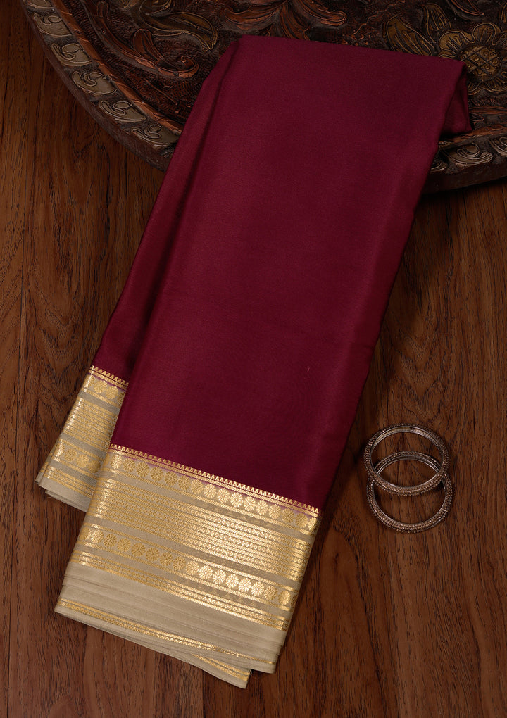 Wine Crepe Plain Saree With Matching Blouse Piece