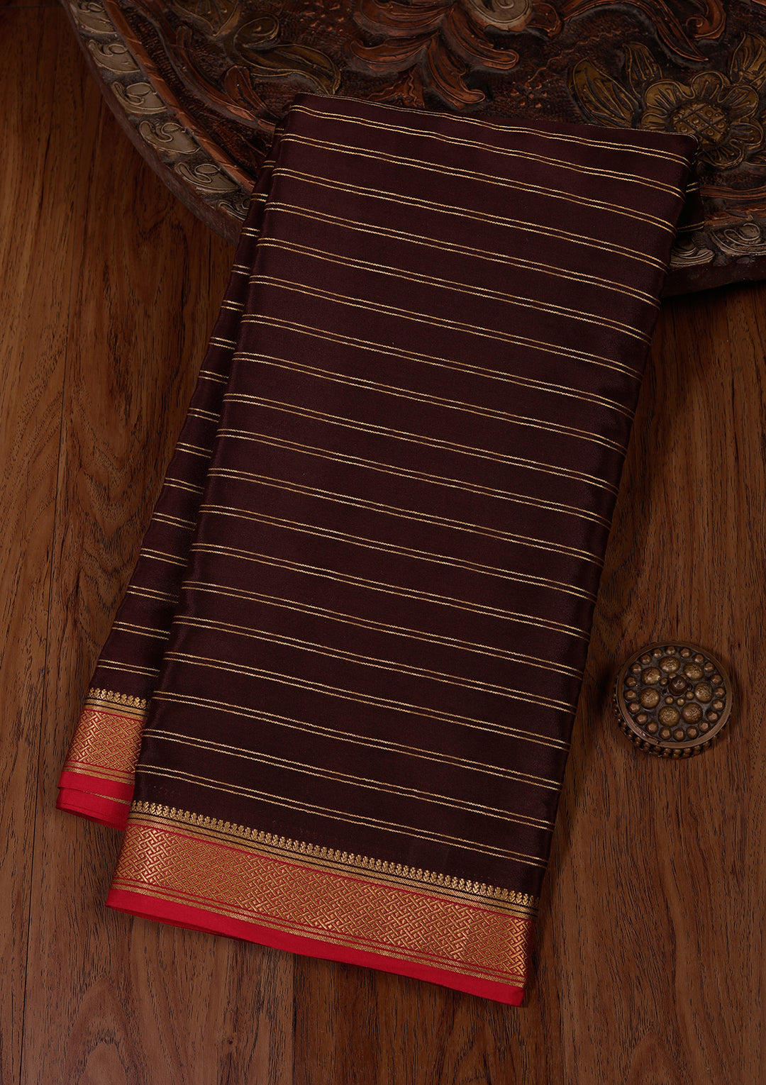 Brown Crepe Stripes Saree With Matching Blouse Piece