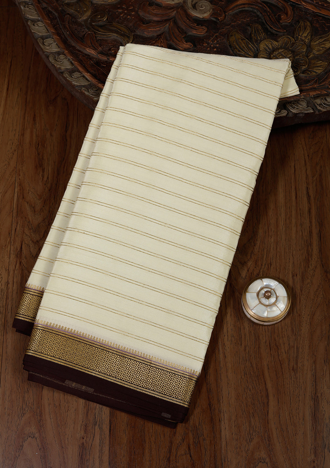 Off White Crepe Stripes Saree With Matching Blouse Piece
