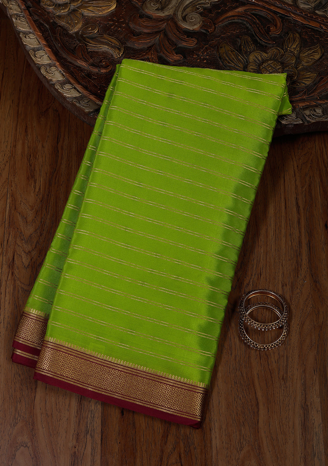 Parrot Green Crepe Stripes Saree With Matching Blouse Piece