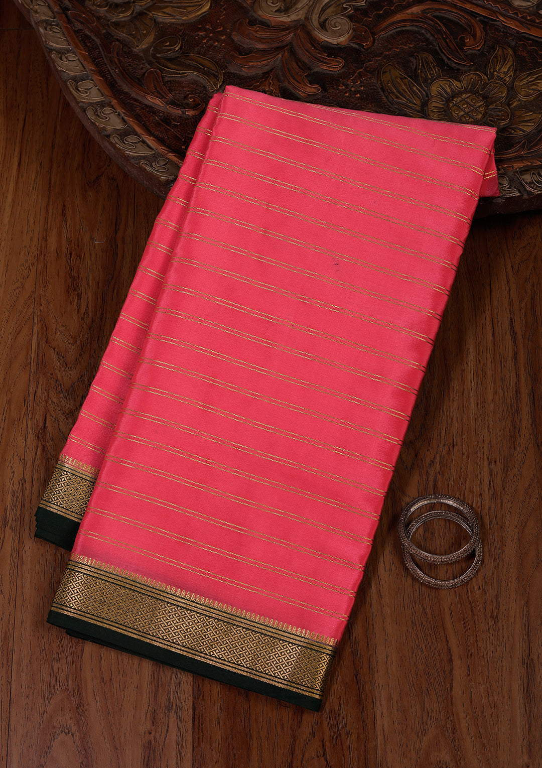Pink Crepe Stripes Saree With Matching Blouse Piece