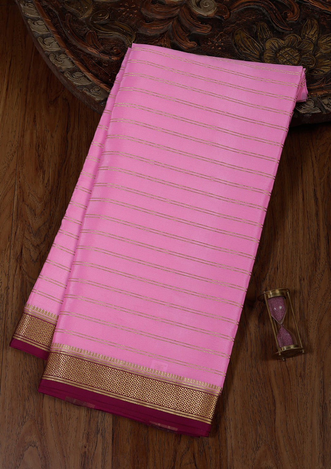 Pink Crepe Stripes Saree With Matching Blouse Piece