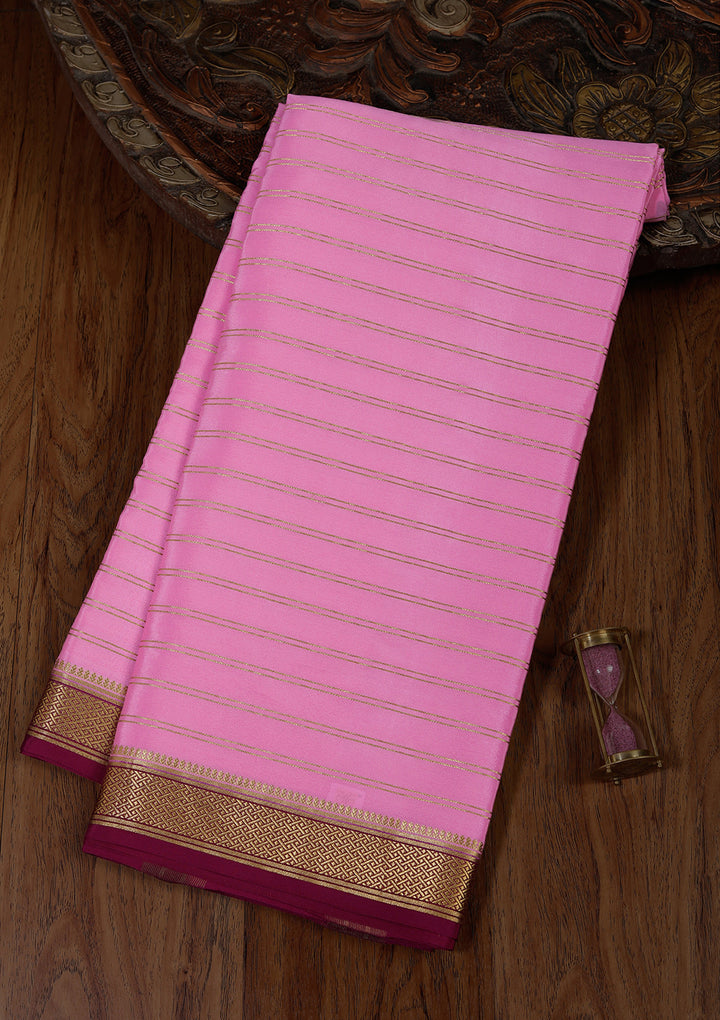 Pink Crepe Stripes Saree With Matching Blouse Piece