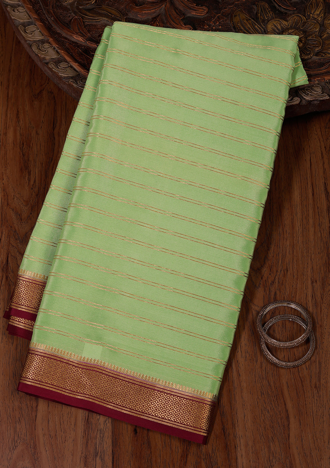 Pista Green Crepe Stripes Saree With Matching Blouse Piece