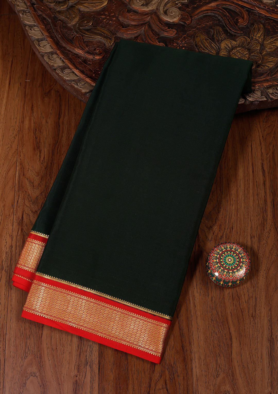 Bottle Green Crepe Plain Saree With Matching Blouse Piece
