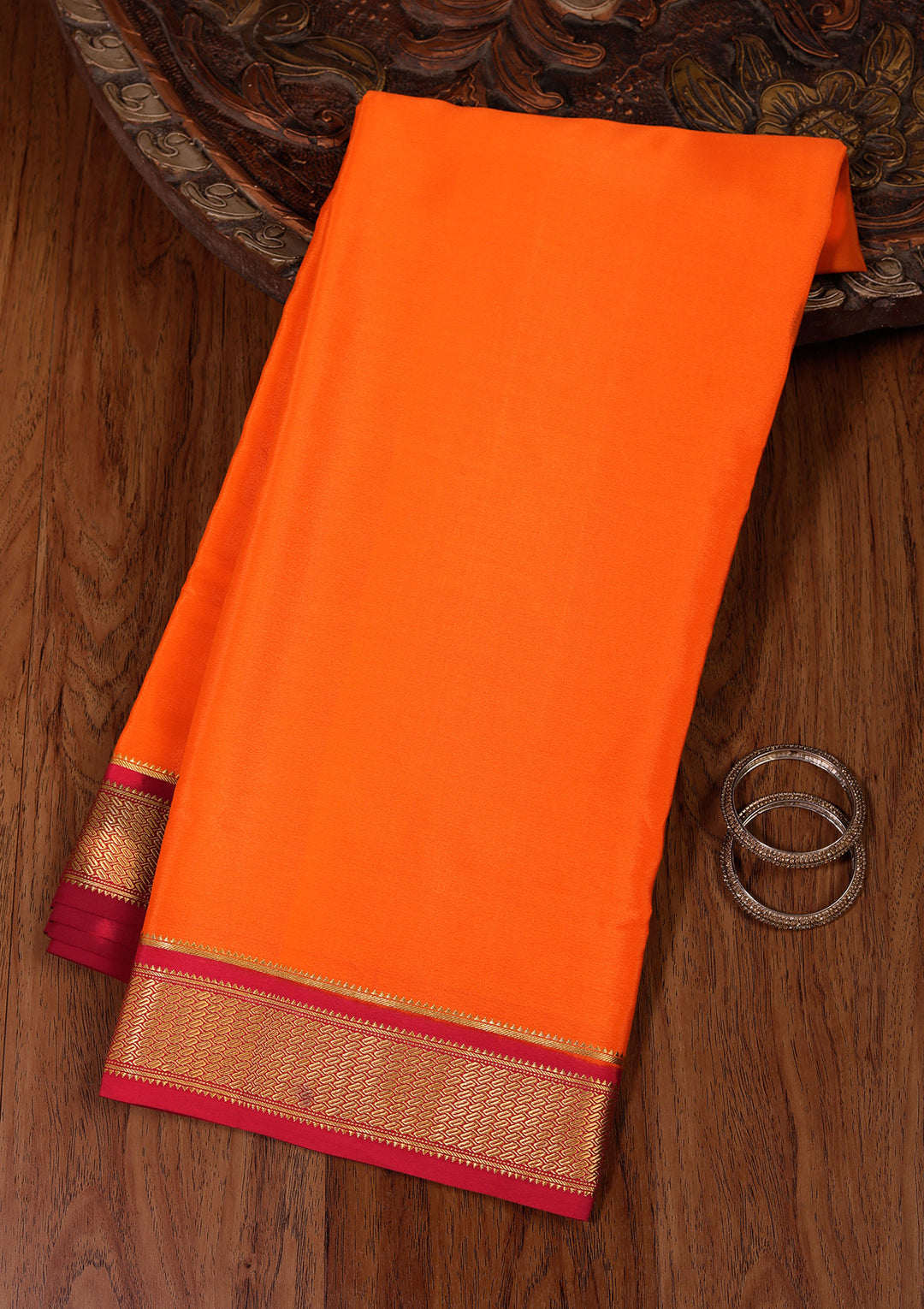 Orange Crepe Plain Saree With Matching Blouse Piece