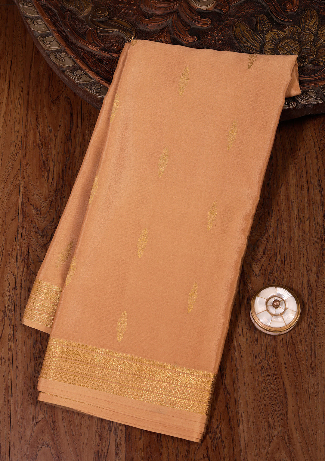 Gold Crepe Buti Saree With Matching Blouse Piece