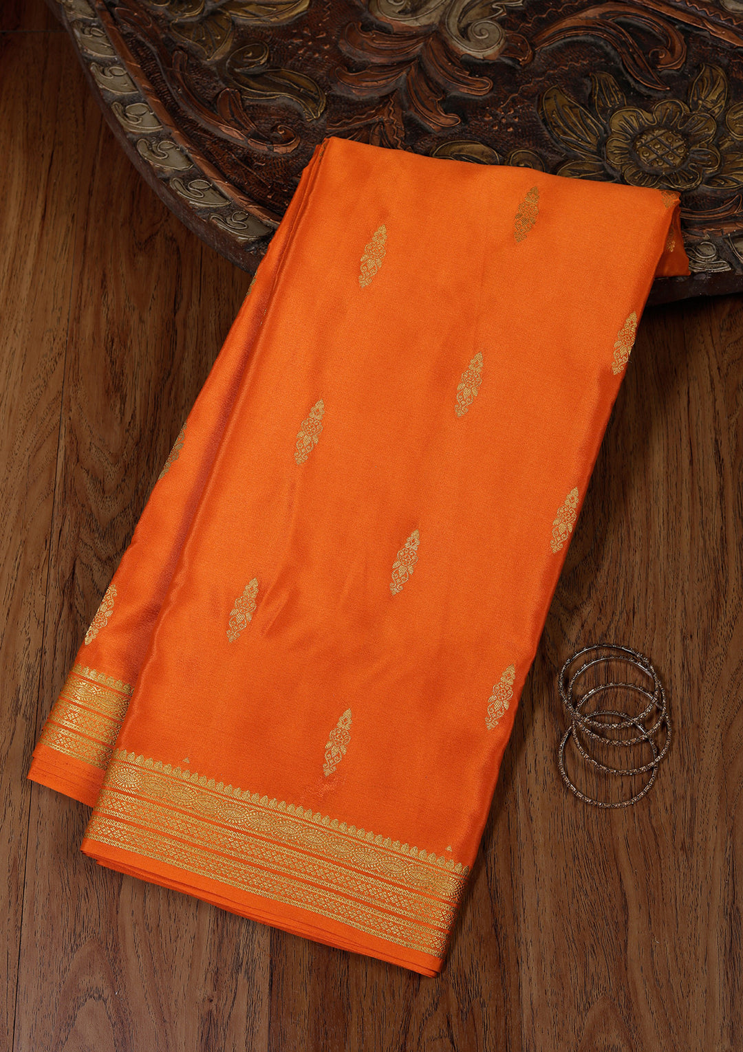 Mustard Yellow Crepe Buti Saree With Matching Blouse Piece