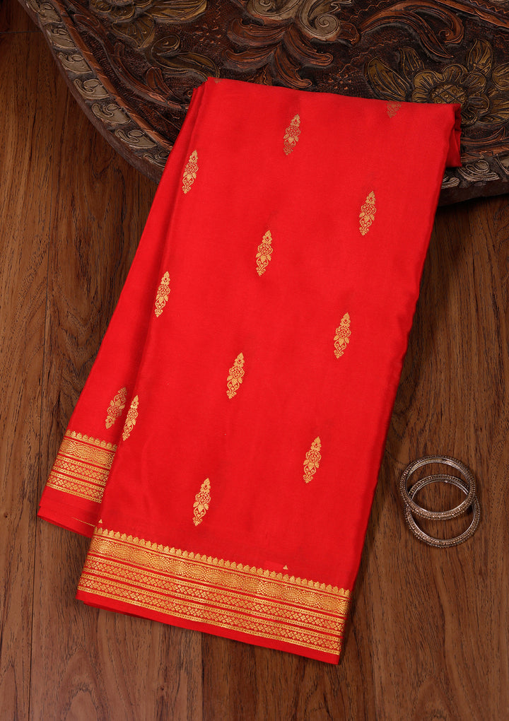 Red Crepe Buti Saree With Matching Blouse Piece