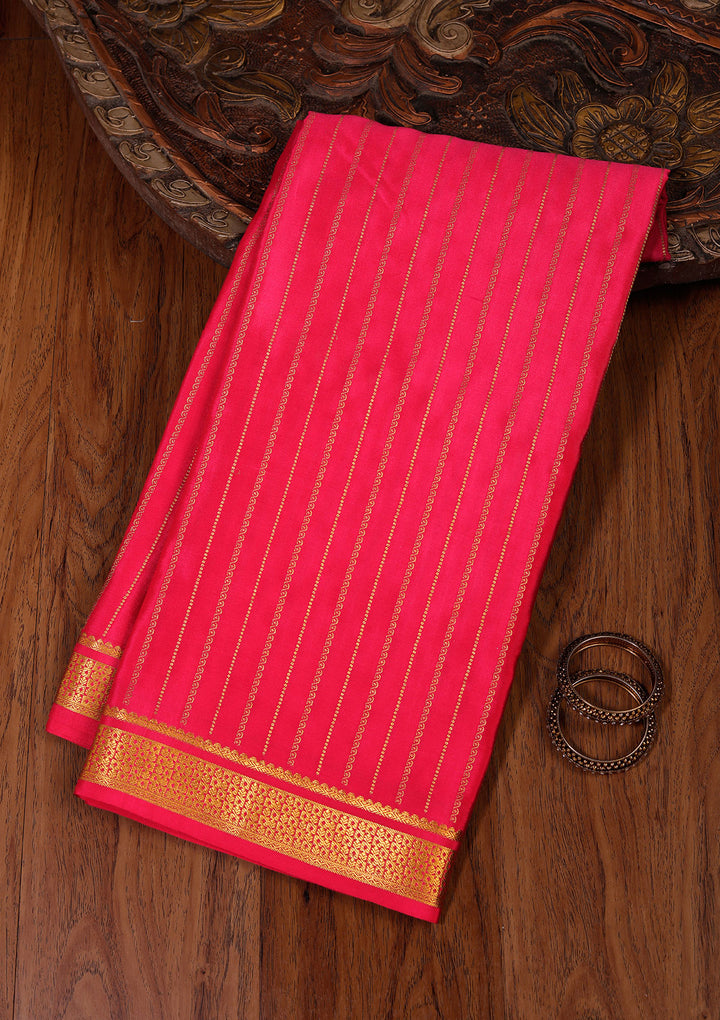 Rani Pink Crepe Stripes Saree With Matching Blouse Piece