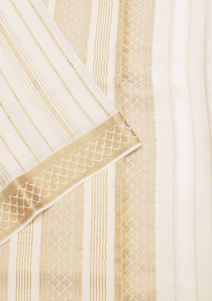 Off White Crepe Stripes Saree With Matching Blouse Piece