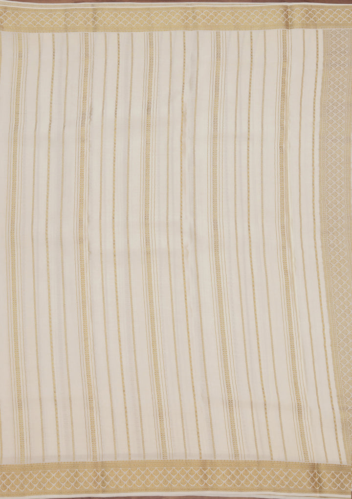 Off White Crepe Stripes Saree With Matching Blouse Piece