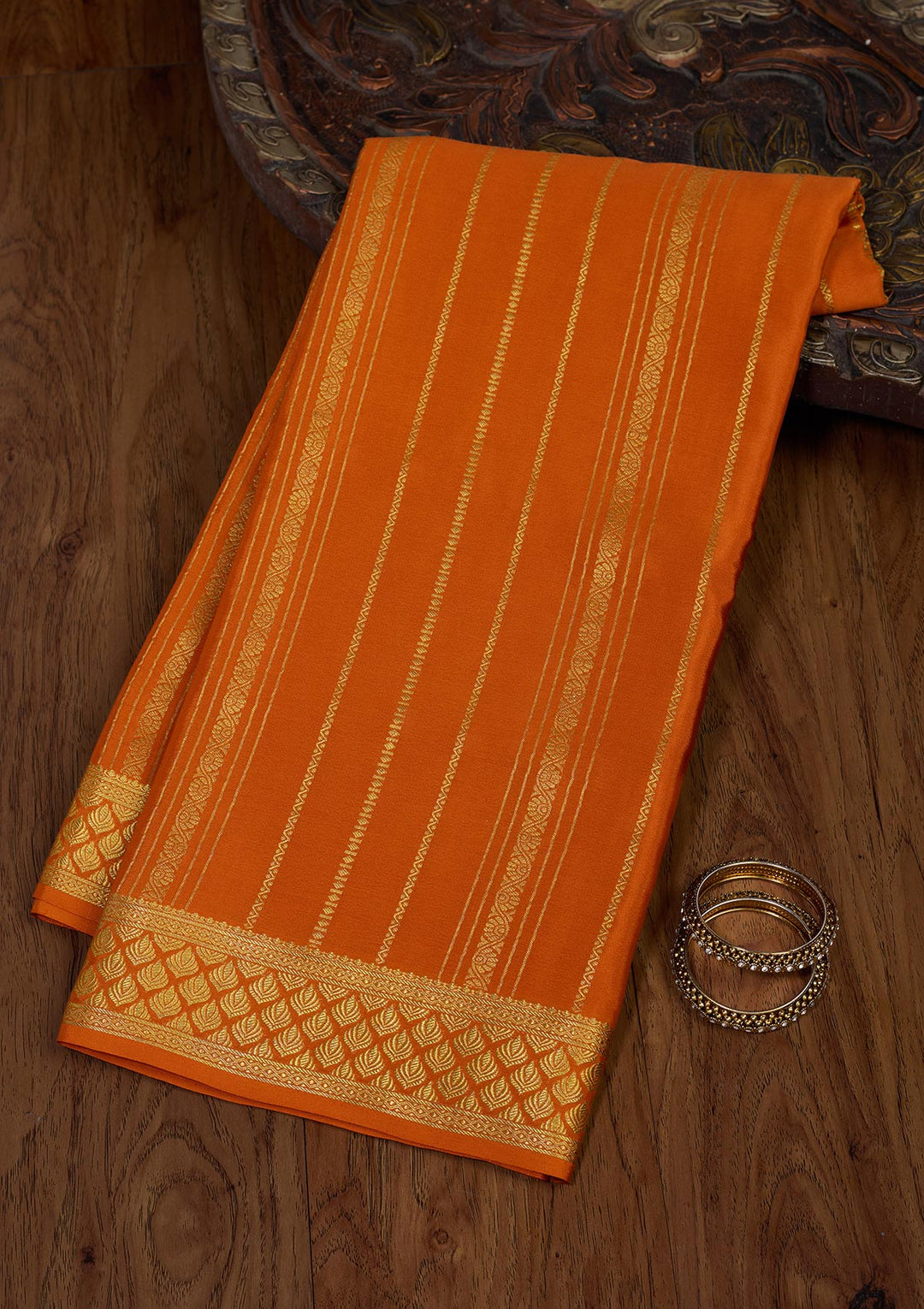 Orange Zariwork Pure Crepe Silk Saree
