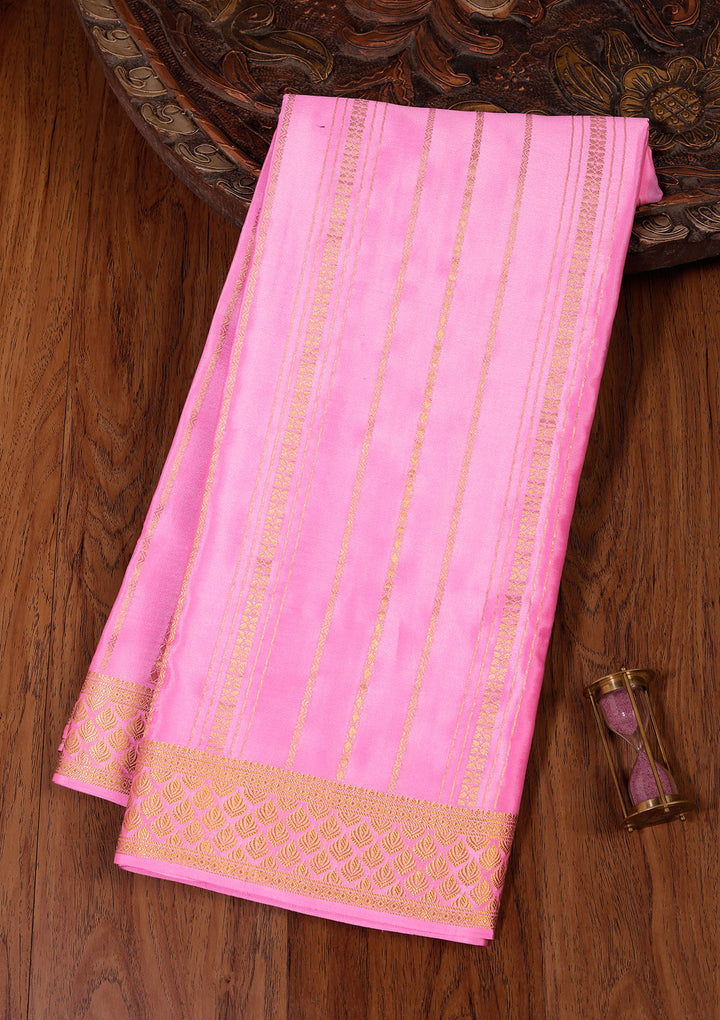 Pink Crepe Stripes Saree With Matching Blouse Piece