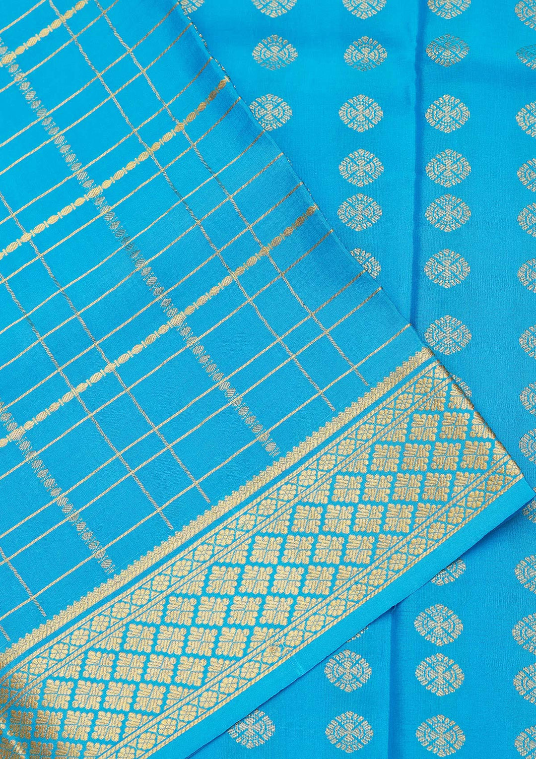 Blue Crepe Checks Saree With Matching Blouse Piece