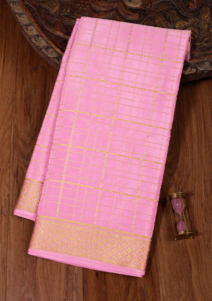 Pink Crepe Checks Saree With Matching Blouse Piece