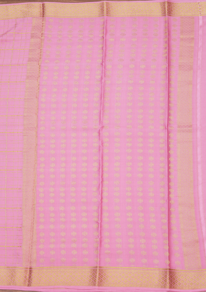 Pink Crepe Checks Saree With Matching Blouse Piece