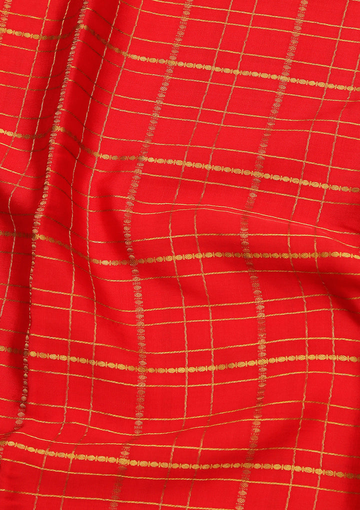 Red Crepe Checks Saree With Matching Blouse Piece