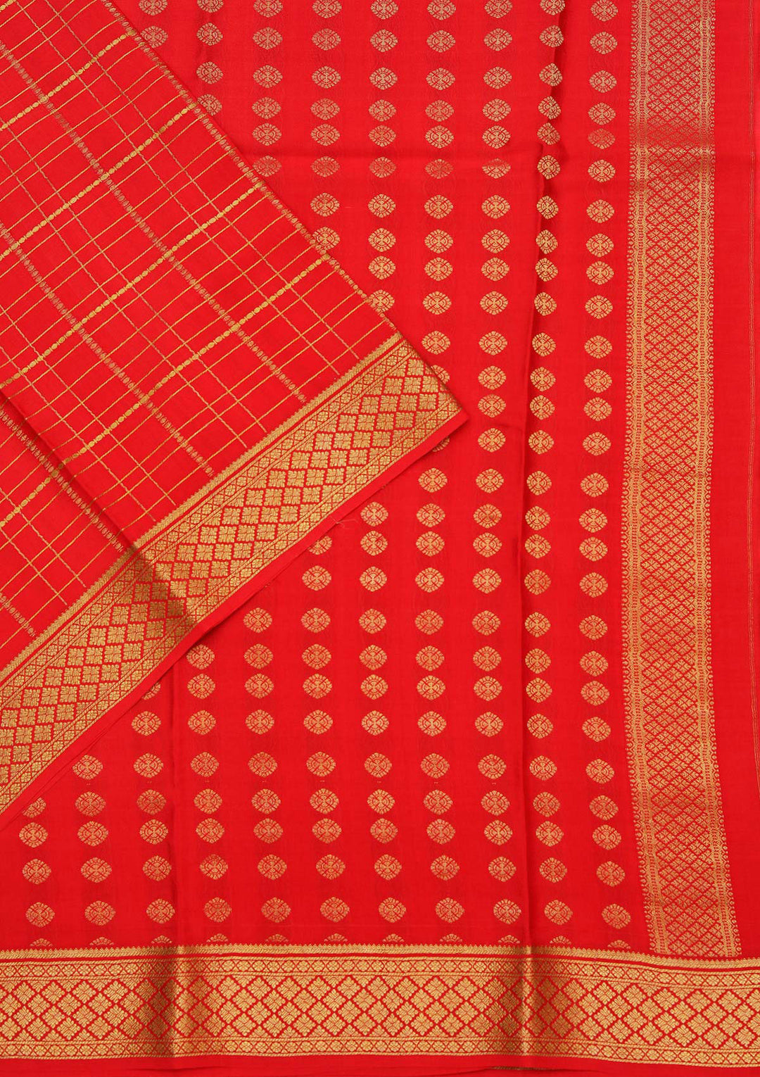 Red Crepe Checks Saree With Matching Blouse Piece