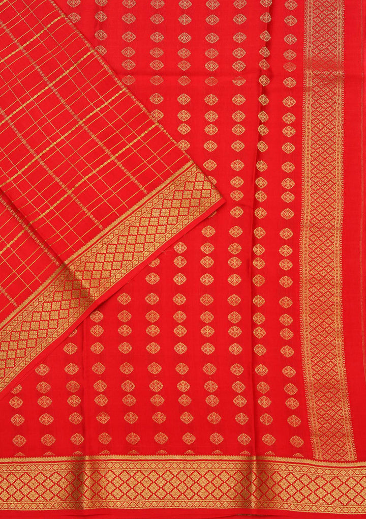 Red Crepe Checks Saree With Matching Blouse Piece