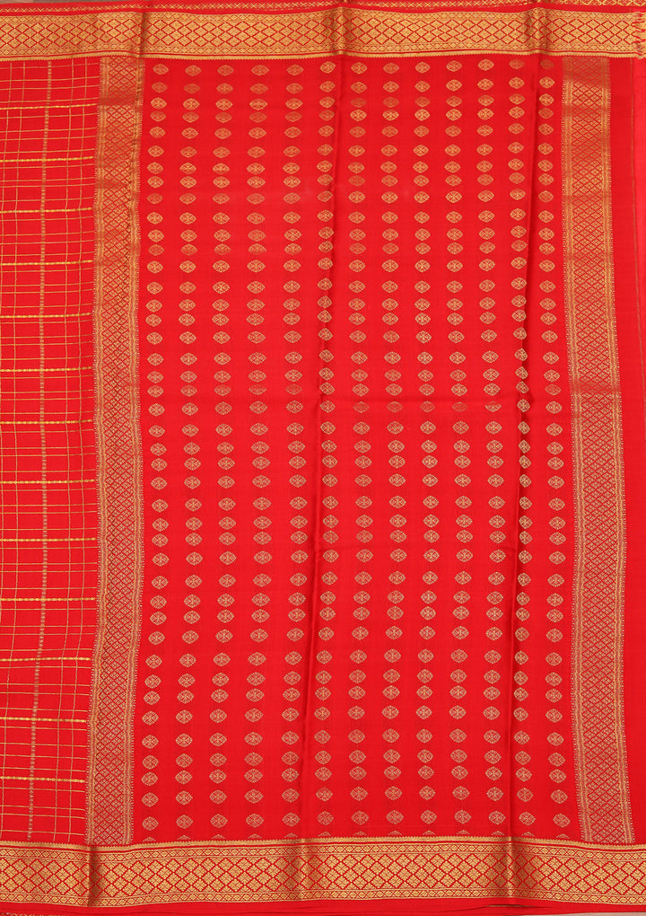 Red Crepe Checks Saree With Matching Blouse Piece