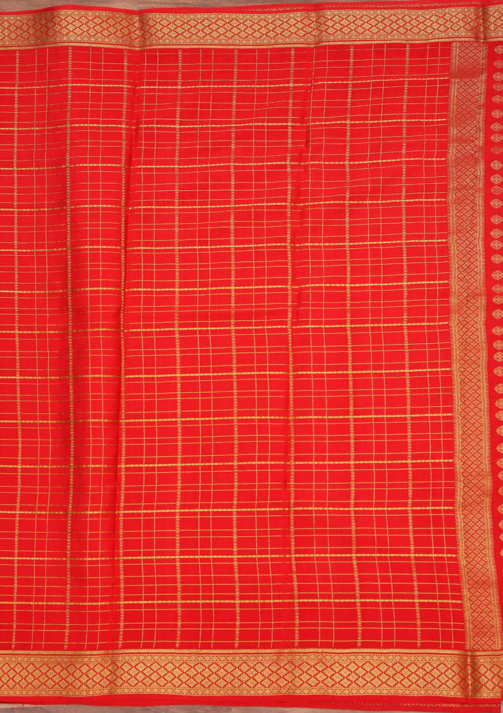 Red Crepe Checks Saree With Matching Blouse Piece