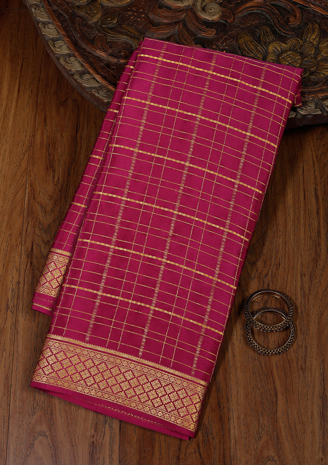 Wine Crepe Checks Saree With Matching Blouse Piece