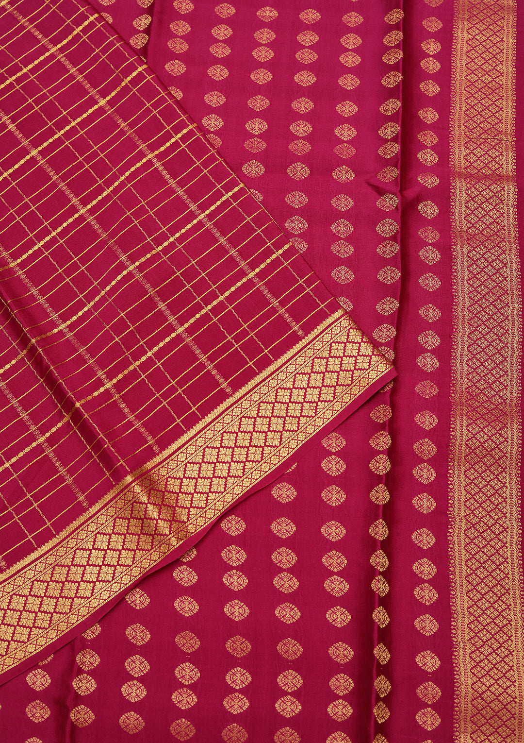 Wine Crepe Checks Saree With Matching Blouse Piece