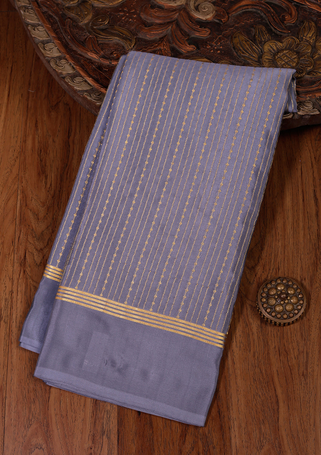 Blue Crepe Stripes Saree With Matching Blouse Piece