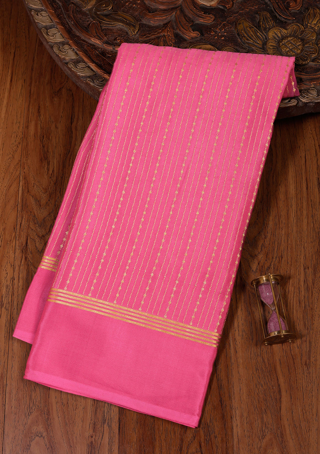 Onion Pink Crepe Stripes Mysore Silk Saree With Matching Blouse Piece