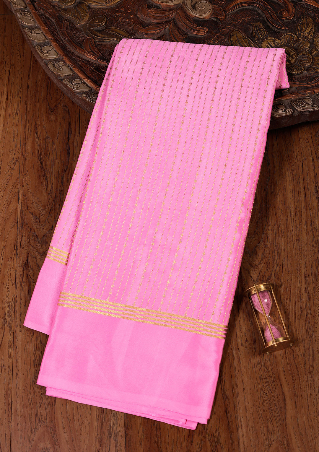 Pink Crepe Stripes Saree With Matching Blouse Piece