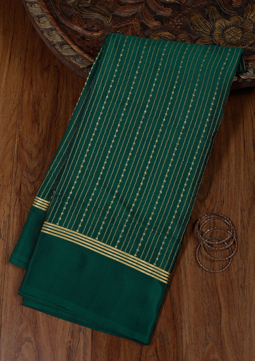 Rama Green Crepe Stripes Saree With Matching Blouse Piece